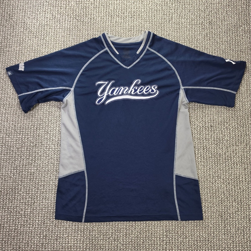 Majestic New York Yankees Shirt Mens XL Training Jersey Navy Blue Grey Short Slv